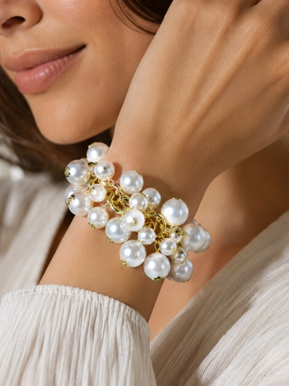 Chunky Faux Pearl Charm Bracelet Gold Tone Cluster Pearl Bridal Statement
